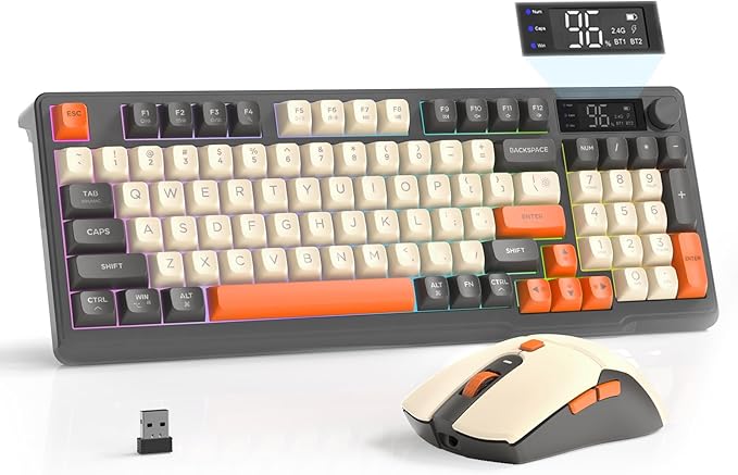 FREEWOLF T96 Wireless Keyboard and Mouse Combo, Bluetooth & 2.4G Modes, PBT Keycaps, Media Knob, Display Screen, Silent Keys, 26-Key Anti-ghosting, 2000mAh & 500mAh, for Mac/Windows/Linux - Shimmer