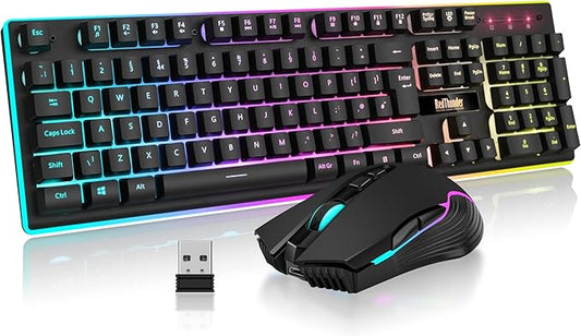 RedThunder K10 Wireless Gaming Keyboard and Mouse Combo, LED Backlit Rechargeable 3800mAh Battery, UK Layout Mechanical Feel Keyboard + 7D 3200DPI Mice for PC Gamer (Black)