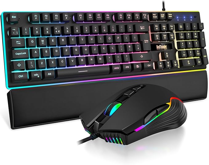 RedThunder K10 Wired Gaming Keyboard and Mouse Combo, UK Layout, True RGB Backlight, Soft Leather Wrist Rest, Mechanical Feel Ergonomic Anti-Ghosting Keyboard + 7D 7200 DPI Mouse