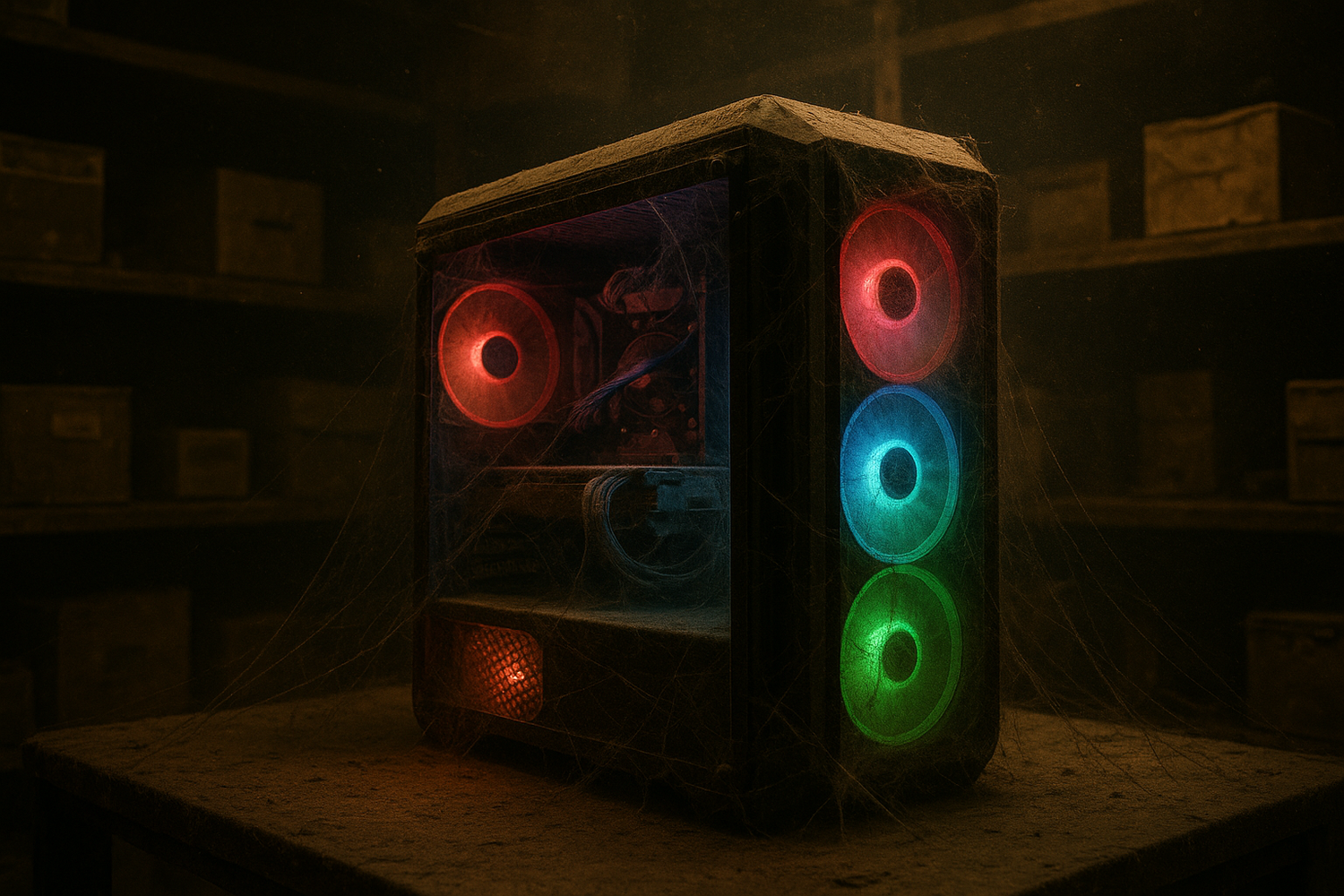 a gaming PC with rgb fans collecting dust in a store room