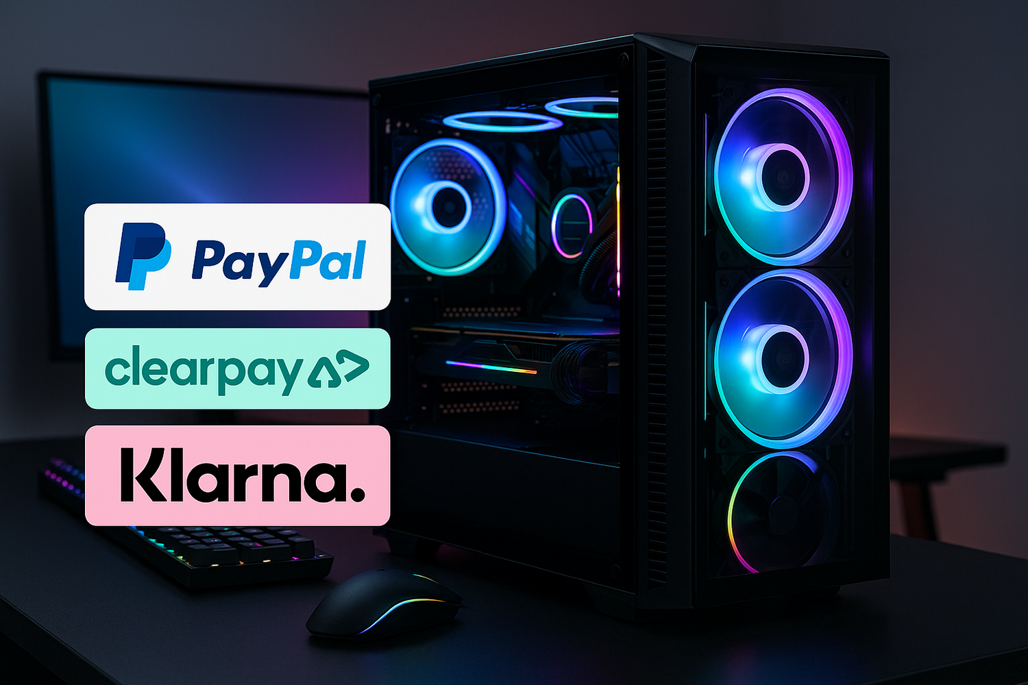 A gaming PC with With Paypal ClearPay and Klarna Icon on it