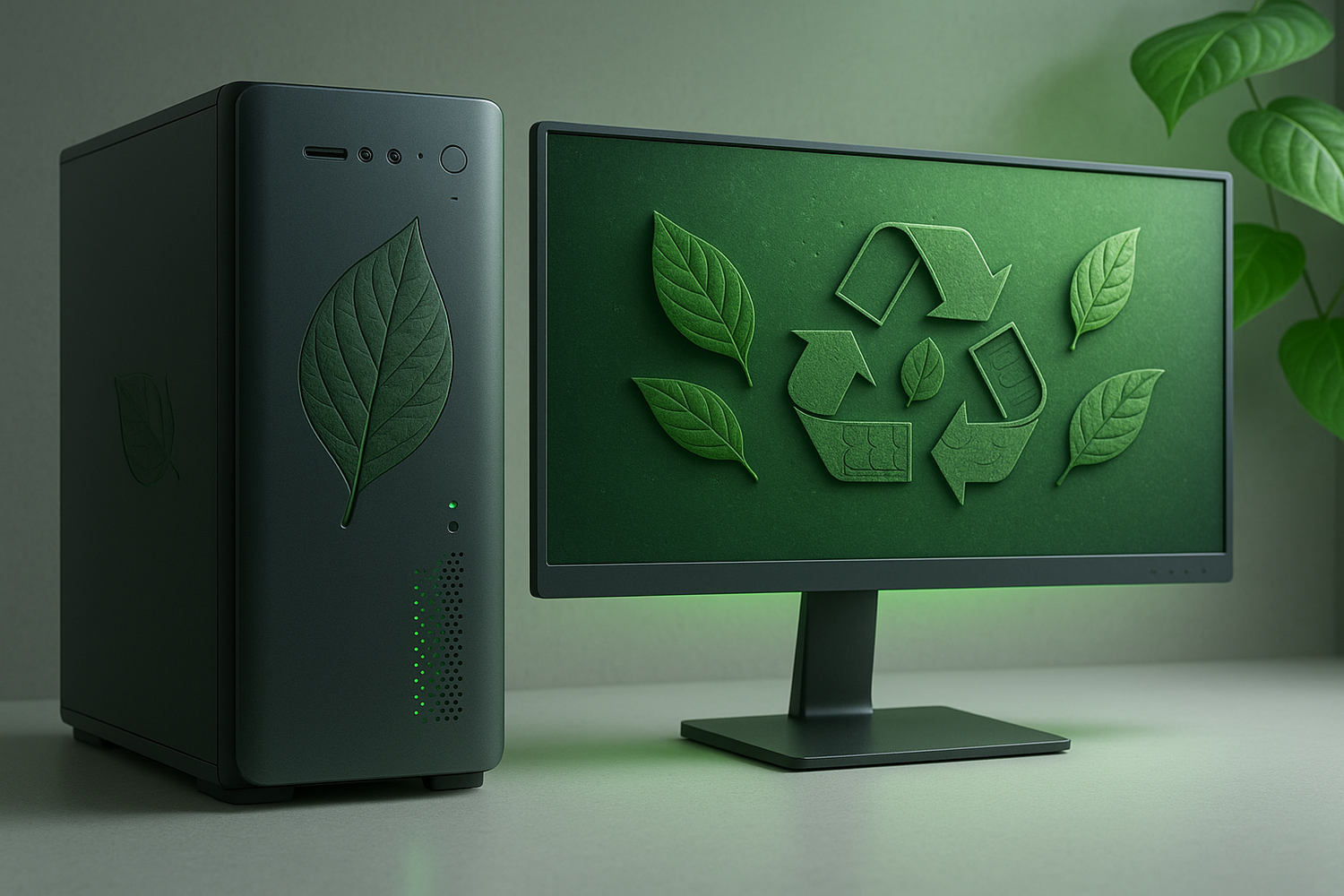 A visually striking image of eco-friendly computers for an online store. Show a sleek PC tower and monitor on a clean, modern surface with subtle green accents or lighting to symbolize sustainability. Include small hints of nature, like leaves or recycled elements, blended subtly into the tech design. The scene should feel premium, modern, and high-tech, highlighting that these are powerful yet environmentally conscious computers.